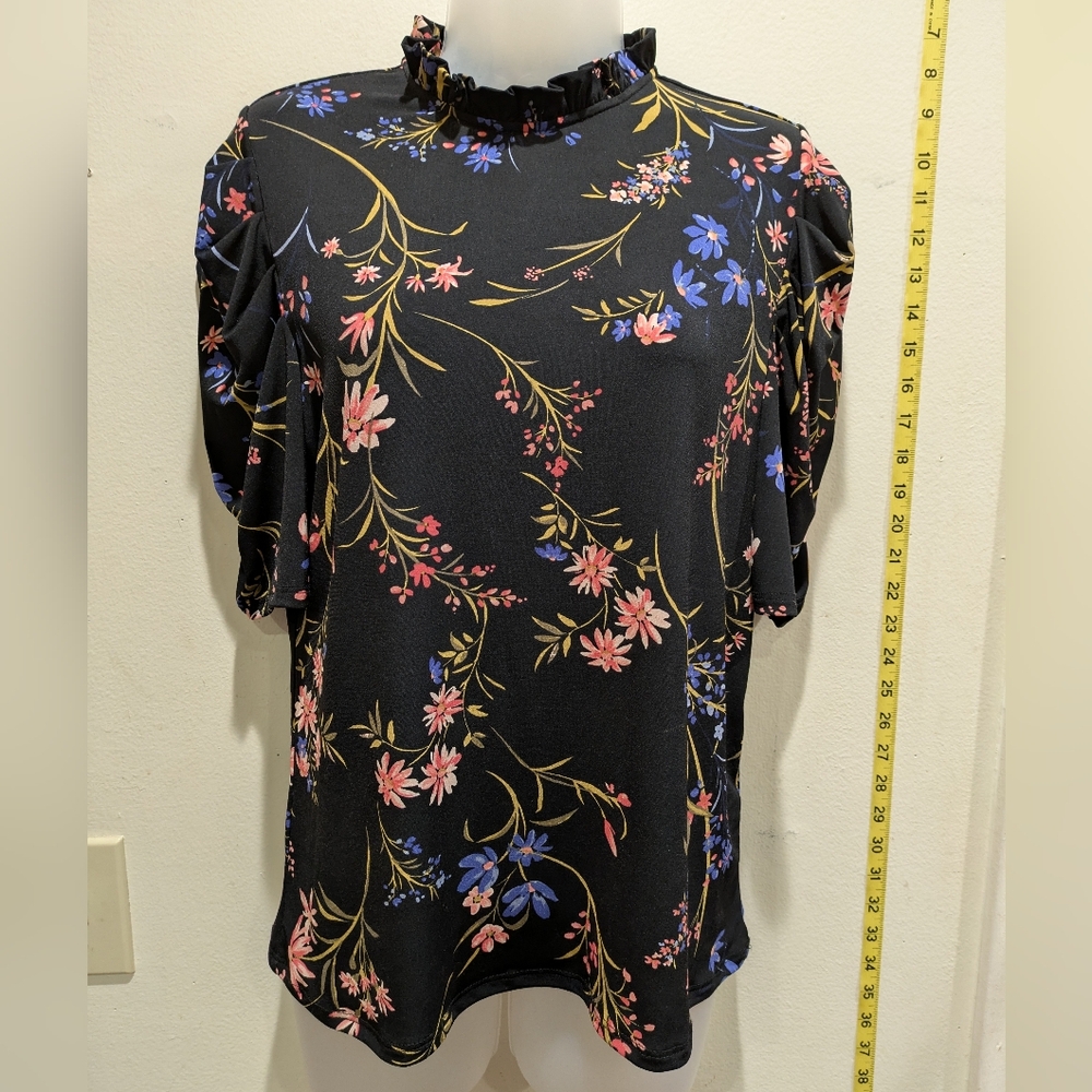 CeCe Black Blouse with Floral Design Size Medium